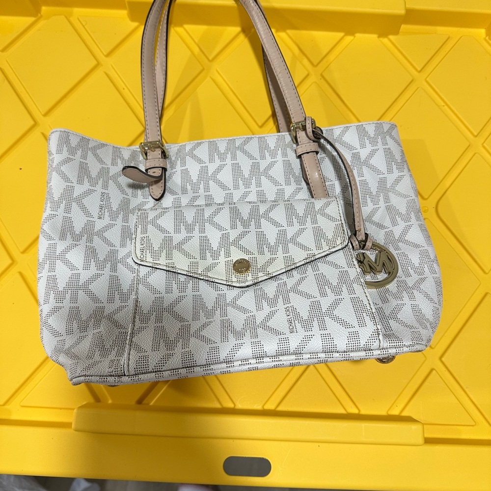 Michael Kors White MK Logo Tote with Pale Pink Straps